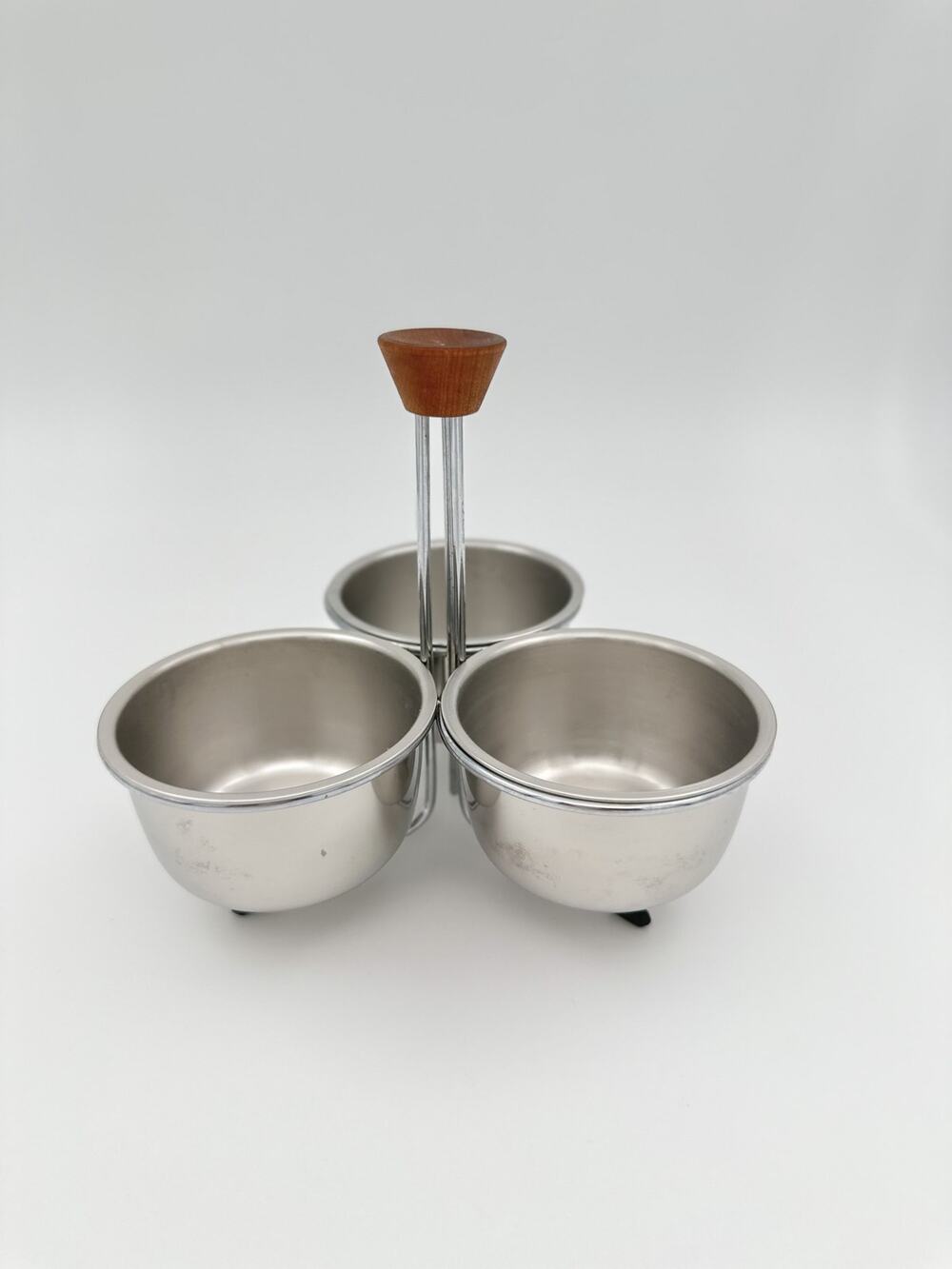 MCM Stainless Steel 3-Bowl Condiment Caddy, Teak Handle, Danish Style